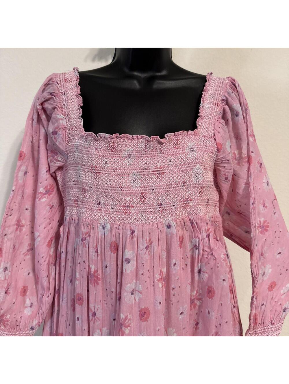 $475 LoveShackFancy Pink "Miri" Dress w/ Square Smocked Bodice Ruffle Hem - LRG - Picture 2 of 11